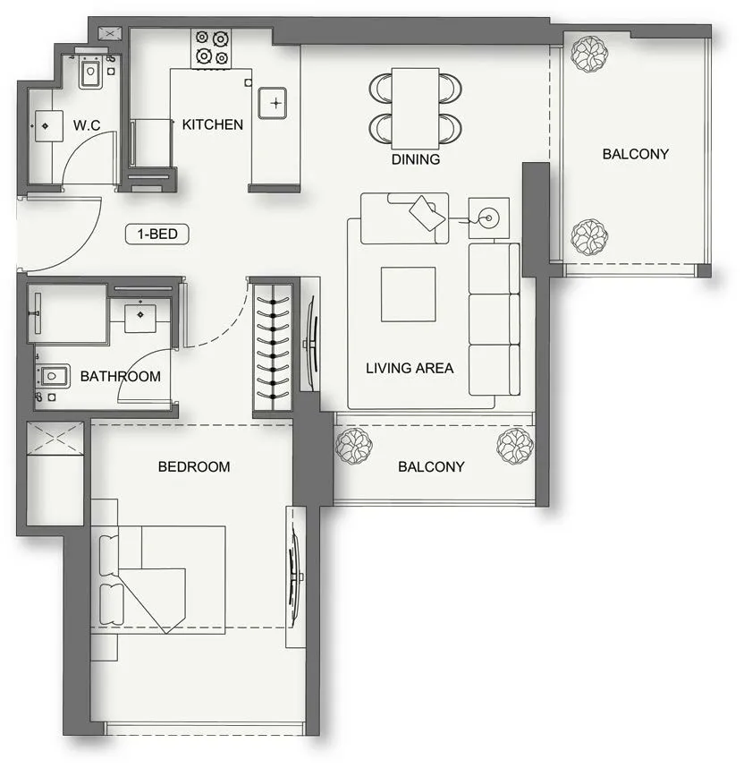 Binghatti Cullinan 1 bed floor plan, 729 – 792 sqft