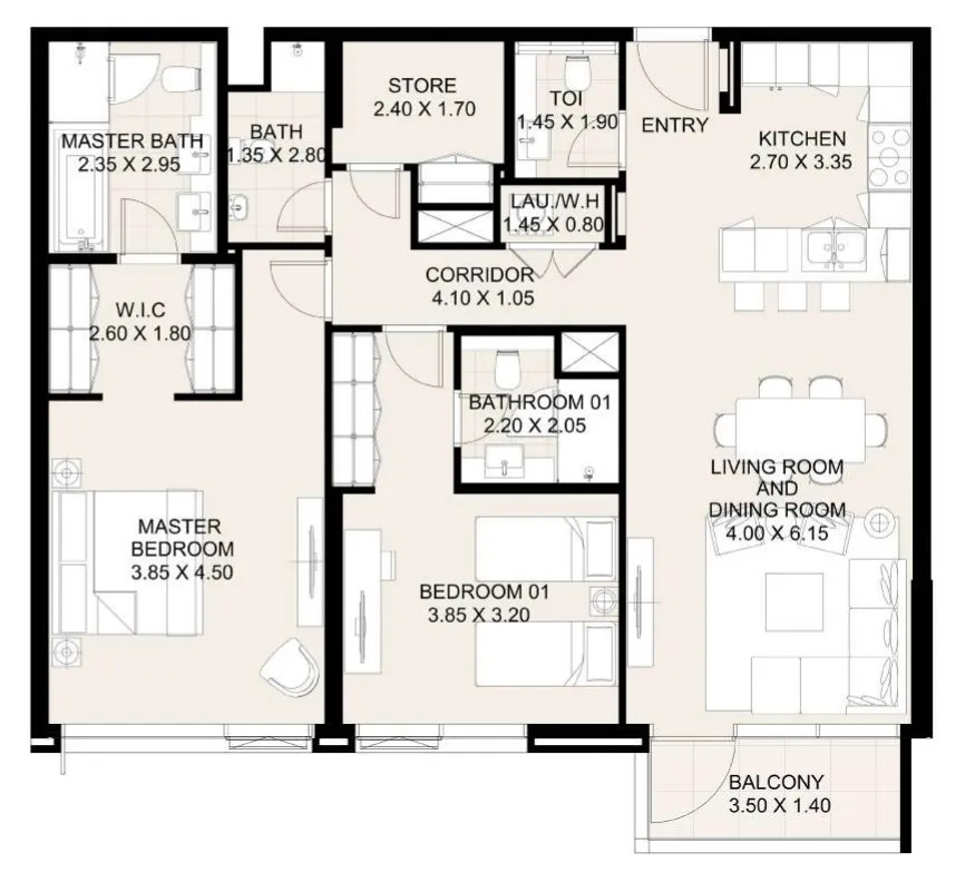 Canal Front Residences 3 and 4 2 bed floor plan, 1,330 sqft