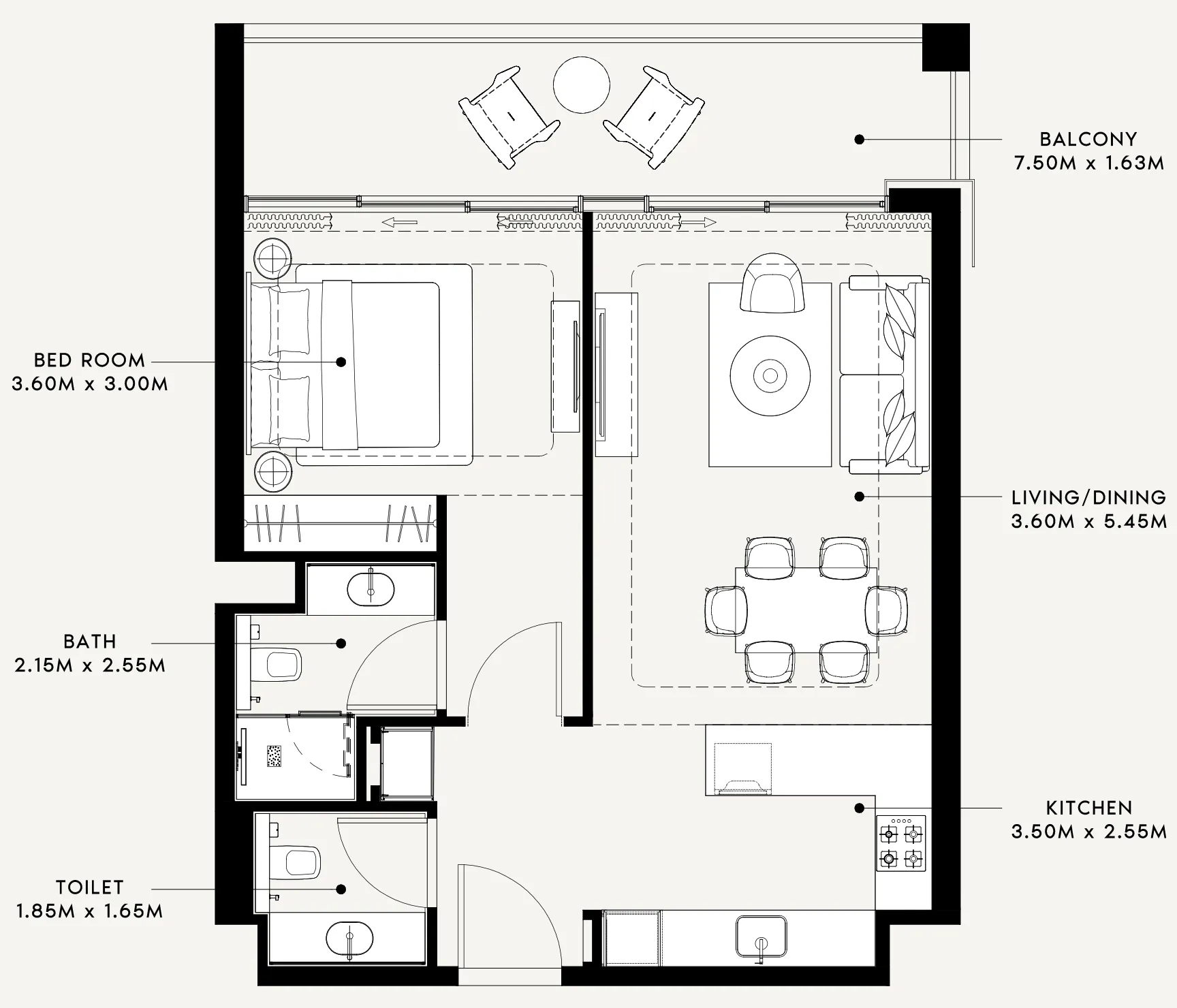 Riviera 60 1 bed floor plan, 803 – 810 sqft