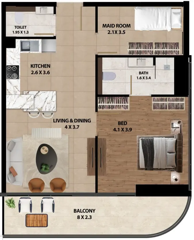 Marquis One 1 bed floor plan, 893 sqft