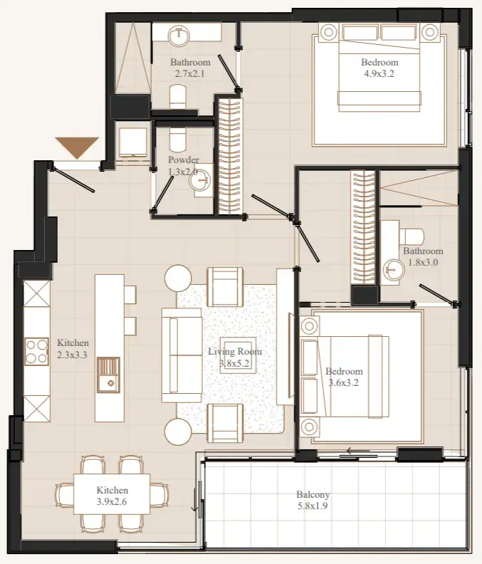 Flamingo LUX 2 bed floor plan, 1,180 sqft