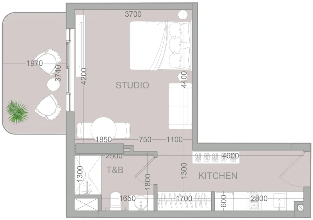 TETR1S Tower Studio floor plan, 443 sqft