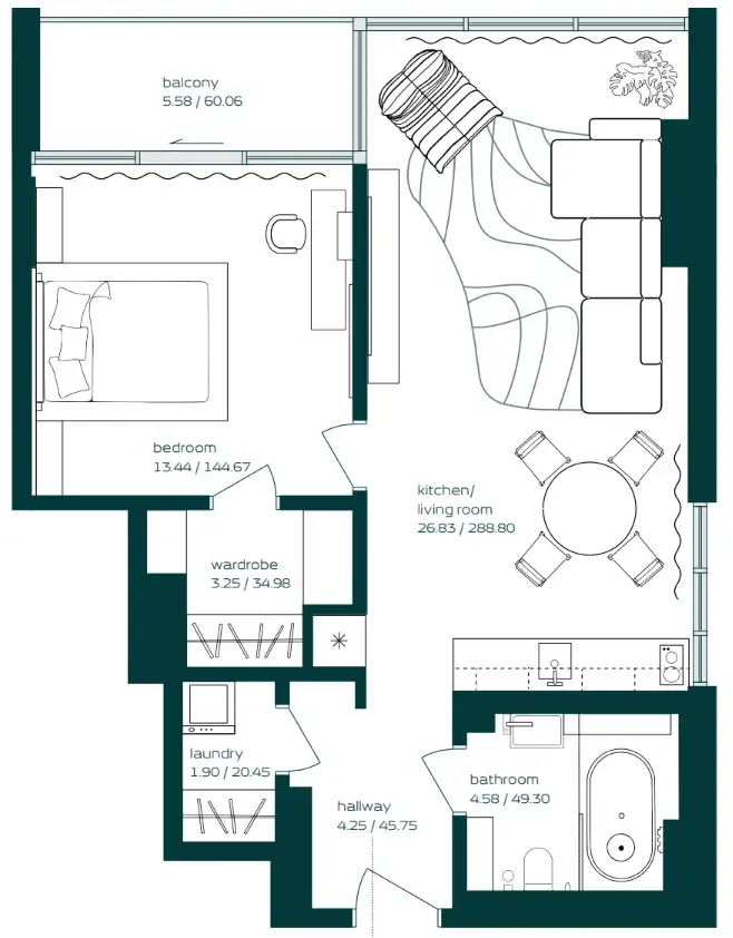 Vibe 1 bed floor plan, 730 sqft