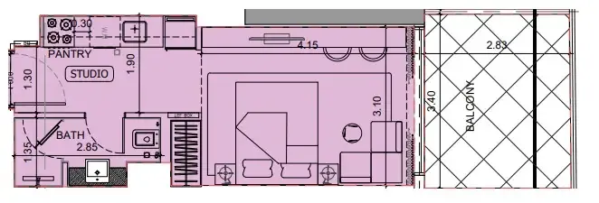 Project Maybach Studio floor plan, 404 sqft