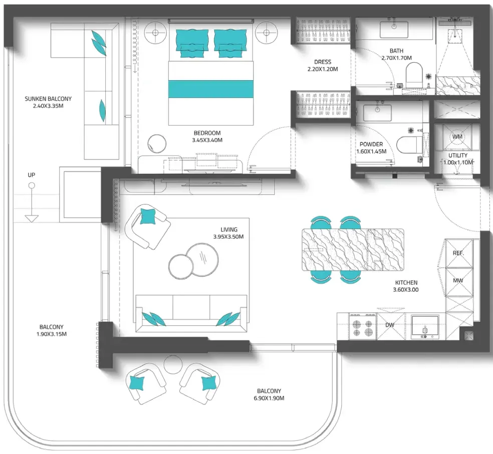 Reef 997 1 bed floor plan, 960 sqft
