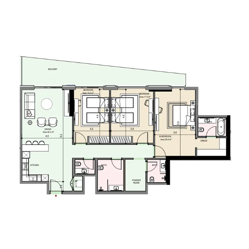 Edgewater Residences 1, 2 and 3 3 bed floor plan, 1,854 sqft