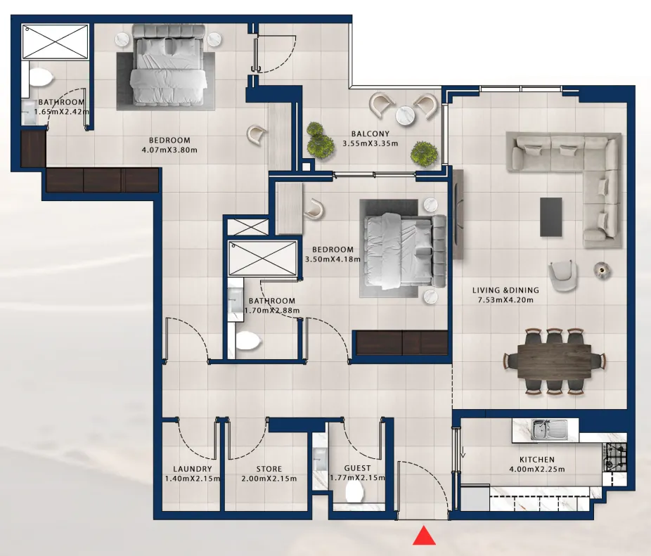 Asayel Avenue 2 bed floor plan, 1,470 sqft