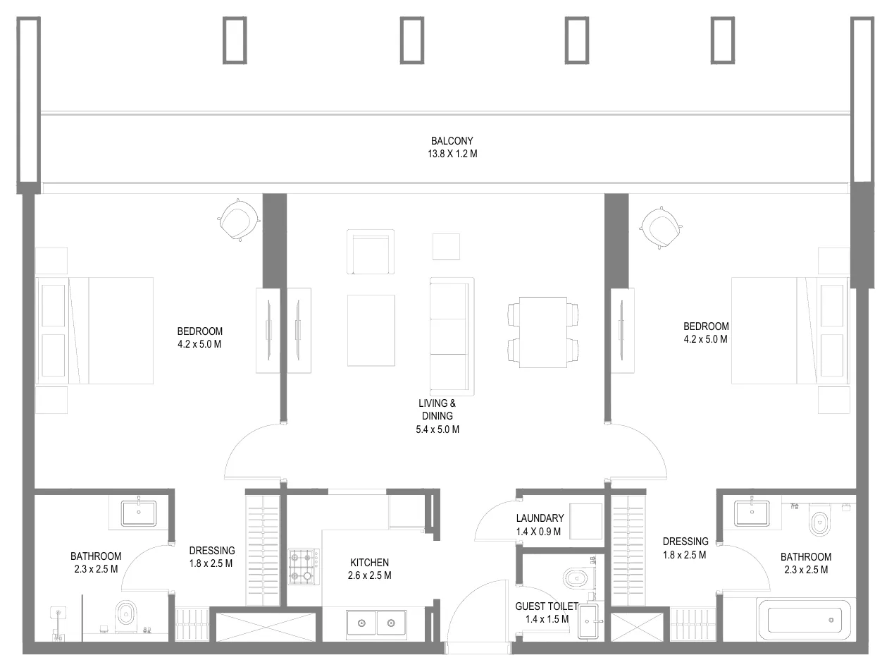 Safa 1 2 bed floor plan, 1,378 sqft