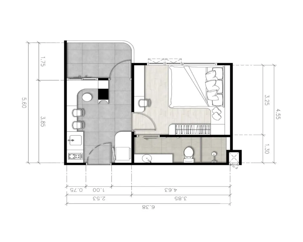 The Element 1 bed floor plan, 334 – 336 sqft
