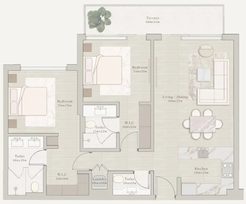 Emerge Residences 2 bed floor plan, 1,039 – 1,040 sqft