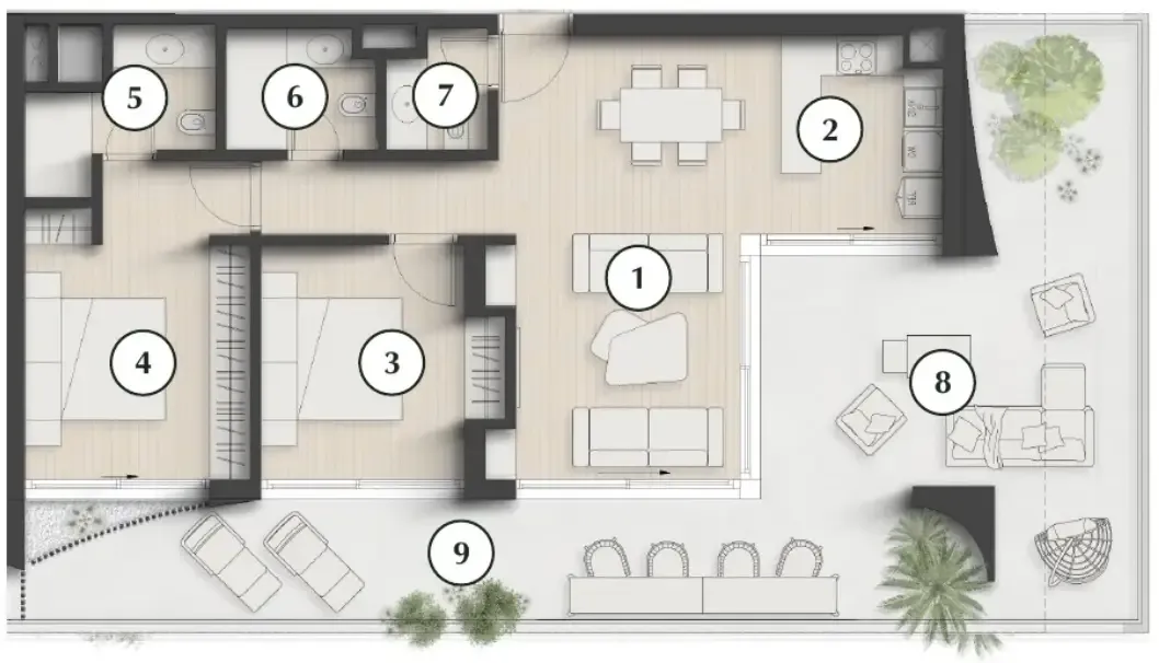 Lunaya Terraces 2 bed floor plan, 1,615 sqft