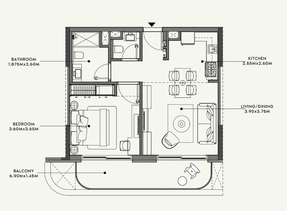 Azizi Venice 1 bed floor plan, 689 sqft