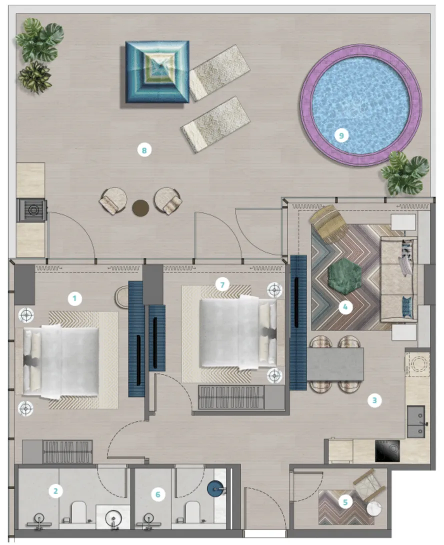 Trio Isle 2 bed floor plan, 1,379 – 1,733 sqft