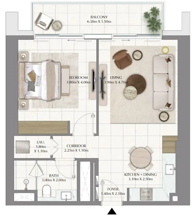 Valia 1 bed floor plan, 821 sqft