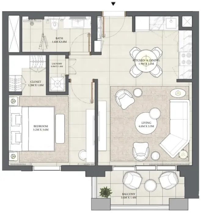 Cedar 1 bed floor plan, 658 sqft