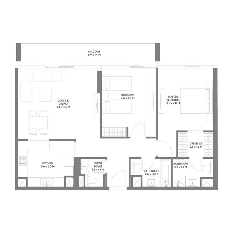 The Gate 5 2 bed floor plan, 1,239 sqft