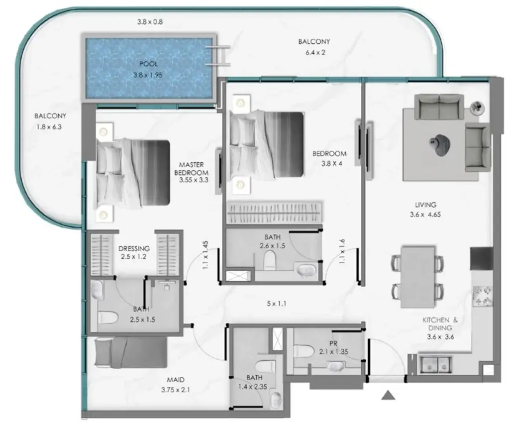 Samana Ocean Bay 2 bed floor plan, 1,391 sqft