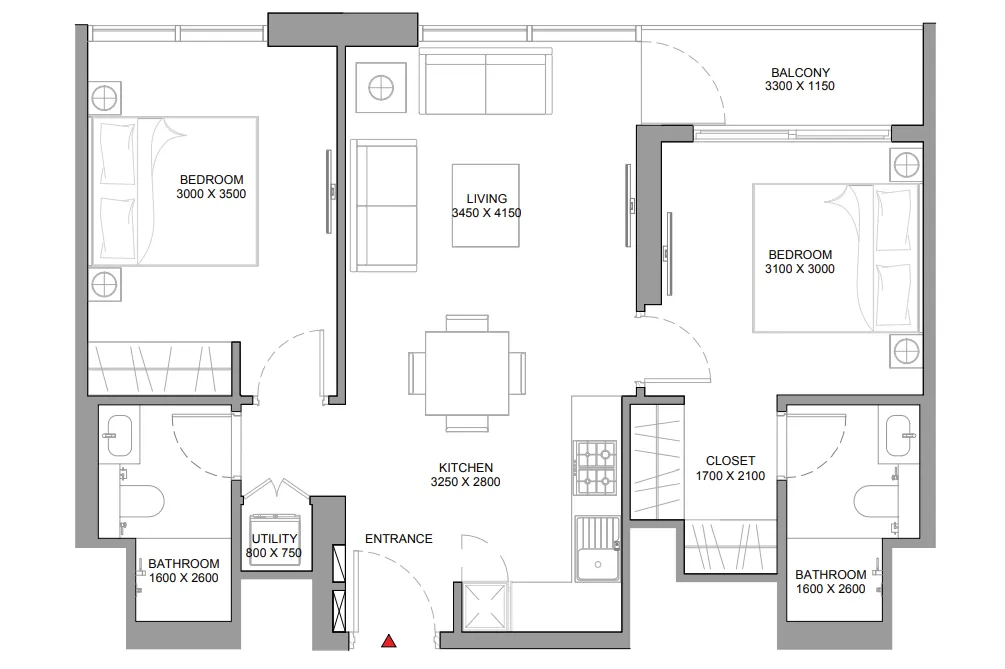 Florine Beach Residences 2 bed floor plan, 776 sqft