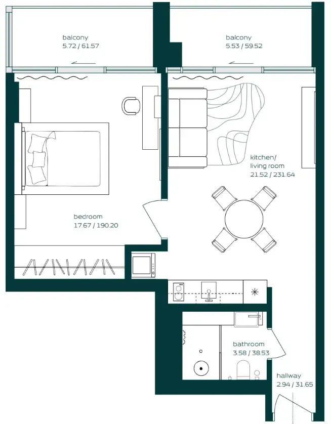 Vibe 1 bed floor plan, 679 sqft