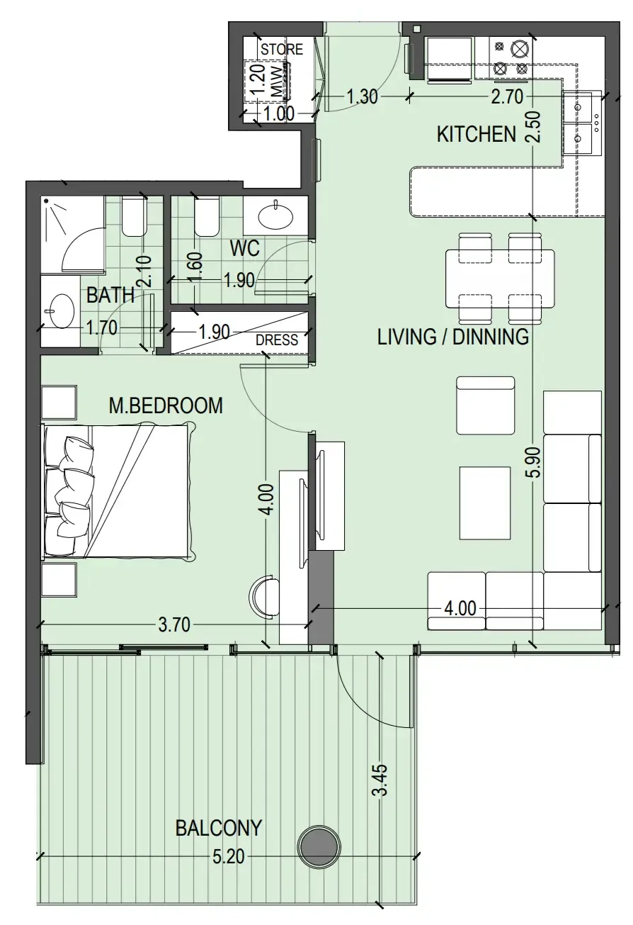 Celia Gardens 1 bed floor plan, 863 sqft