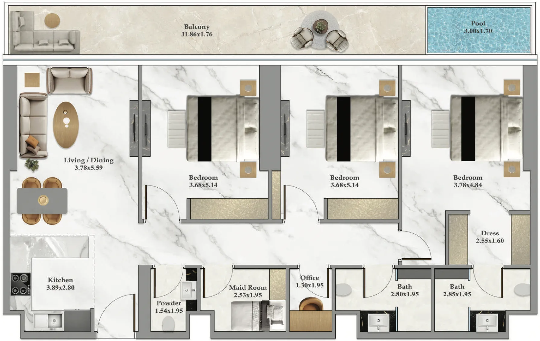 Bayz 102 3 bed floor plan, 1,615 sqft