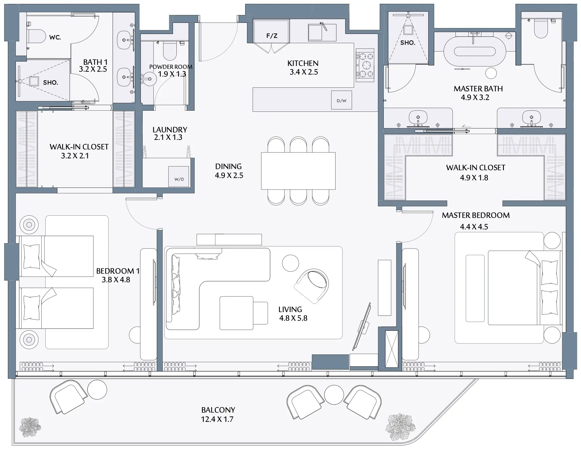 Anantara Mina 2 bed floor plan, 1,844 sqft
