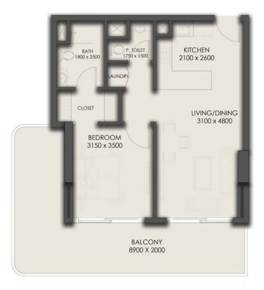 Park Residency 1 bed floor plan, 828 sqft