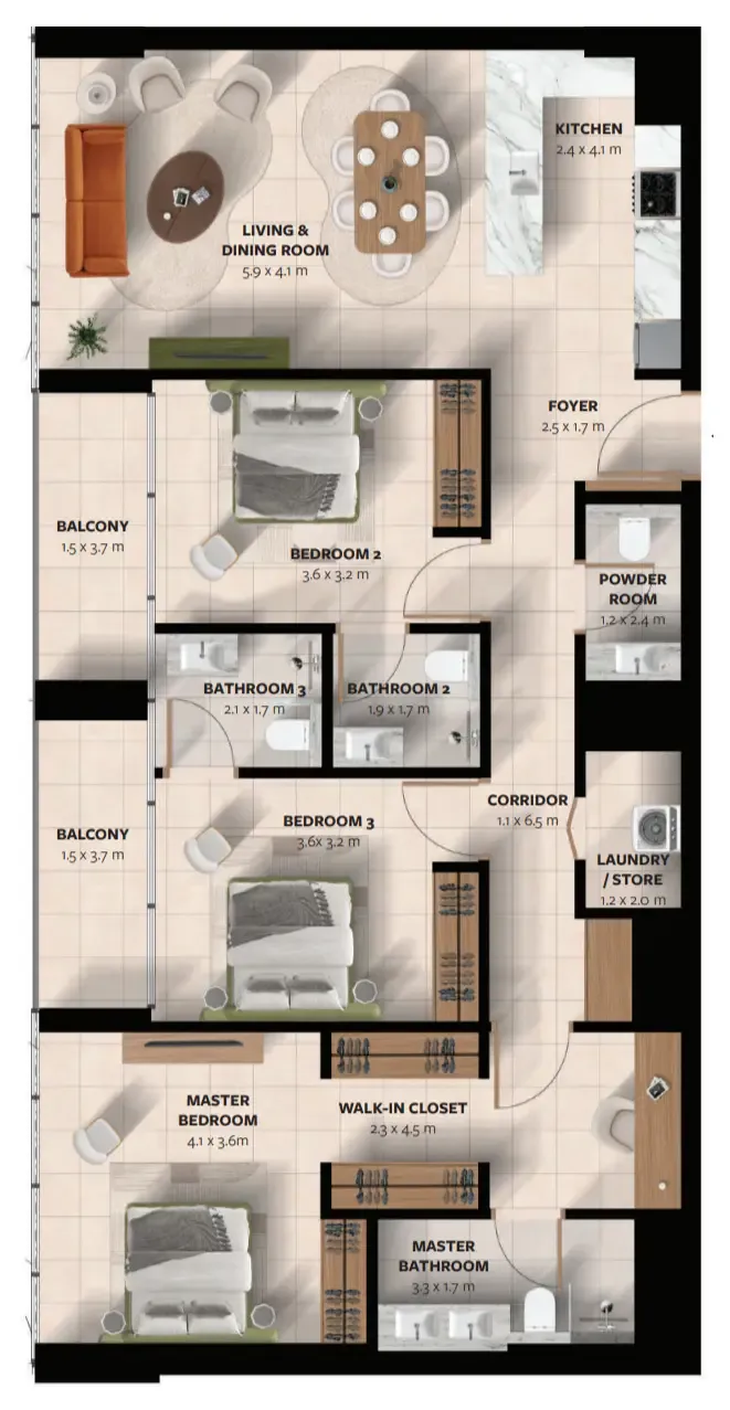 Waada Dubai South 3 bed floor plan, 1,521 sqft
