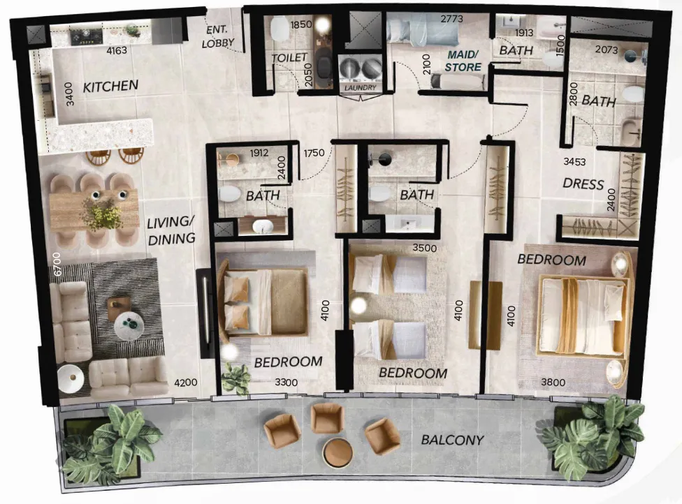 Radiant Waves 3 bed floor plan, 1,995 – 2,042 sqft