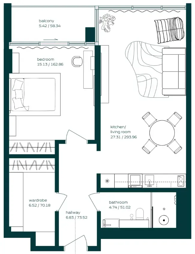 Vibe 1 bed floor plan, 802 sqft