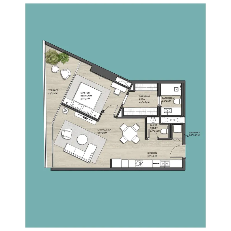 Vistal by Victoria Swarovski 1 bed floor plan, 850 sqft