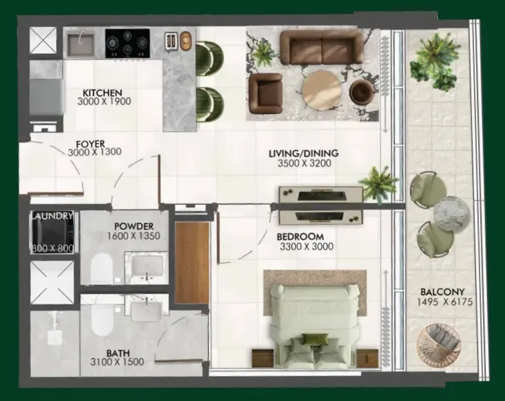Enchante 1 bed floor plan, 600 sqft