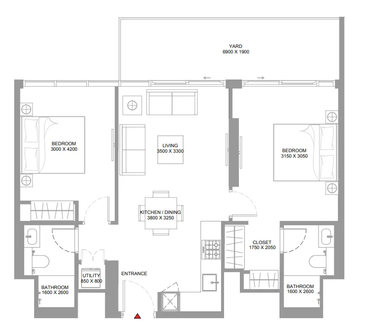 Pearlside Marina Residences 2 bed floor plan, 929 sqft