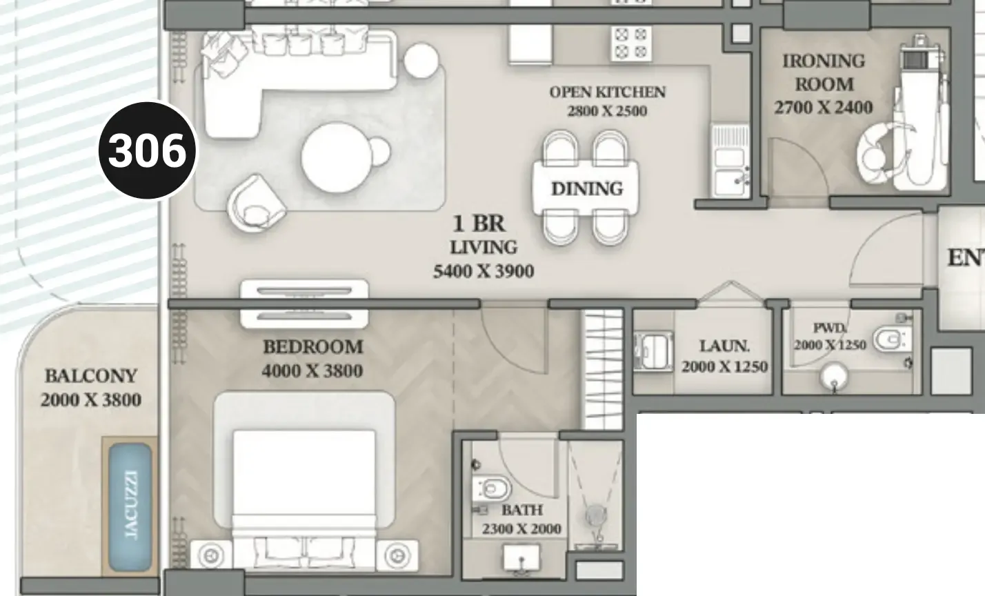Wellington Ocean Walk 1 bed floor plan, 906 sqft