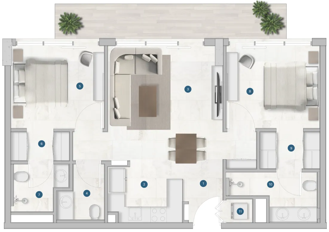 Sola Residences 2 bed floor plan, 1,147 – 1,375 sqft