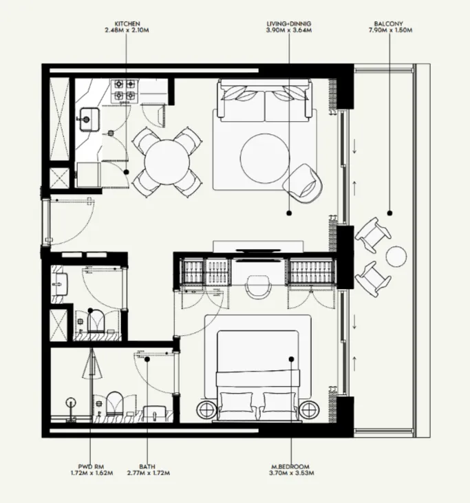 Azizi Venice 1 bed floor plan, 689 sqft