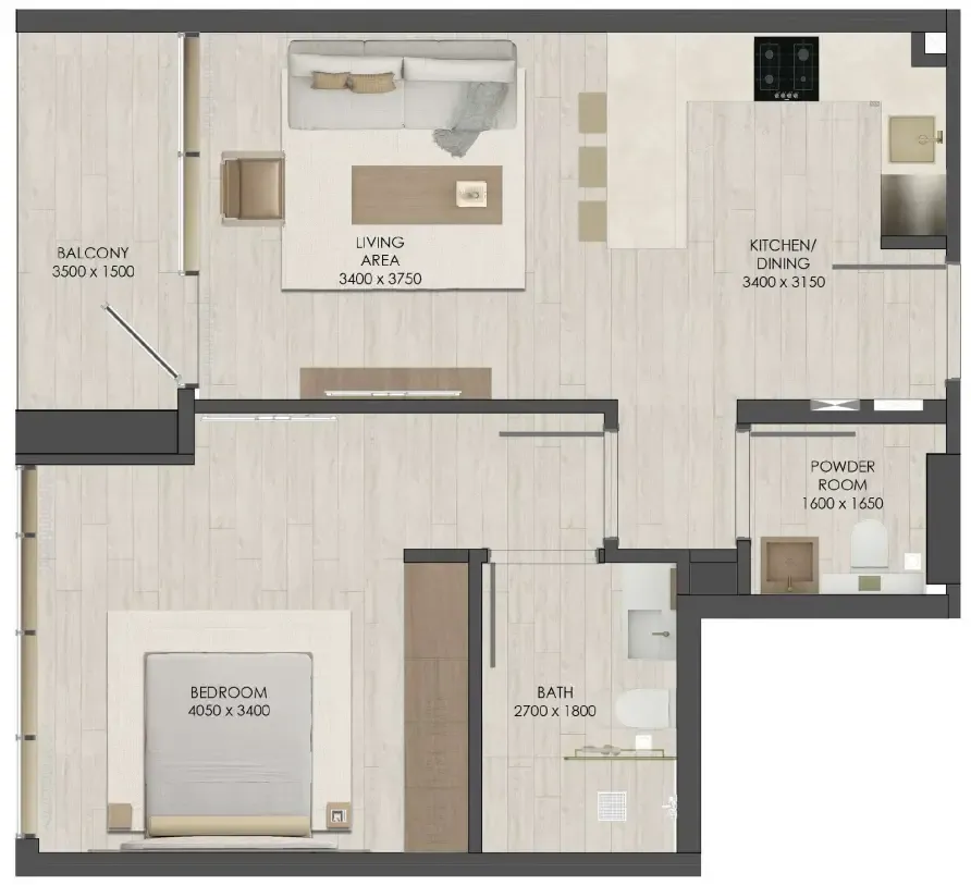 JAD 288 1 bed floor plan, 659 sqft