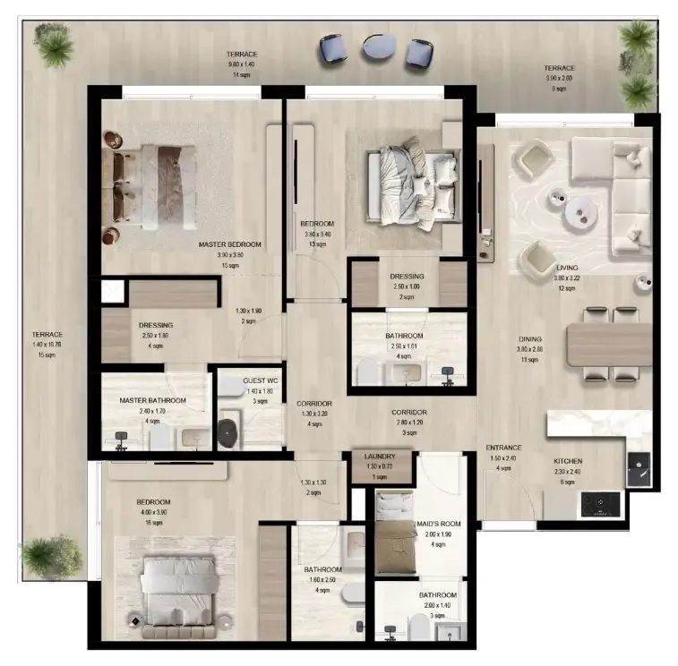 Manchester City Yas Residences by Ohana – Phase 1 3 bed floor plan, 1,860 sqft