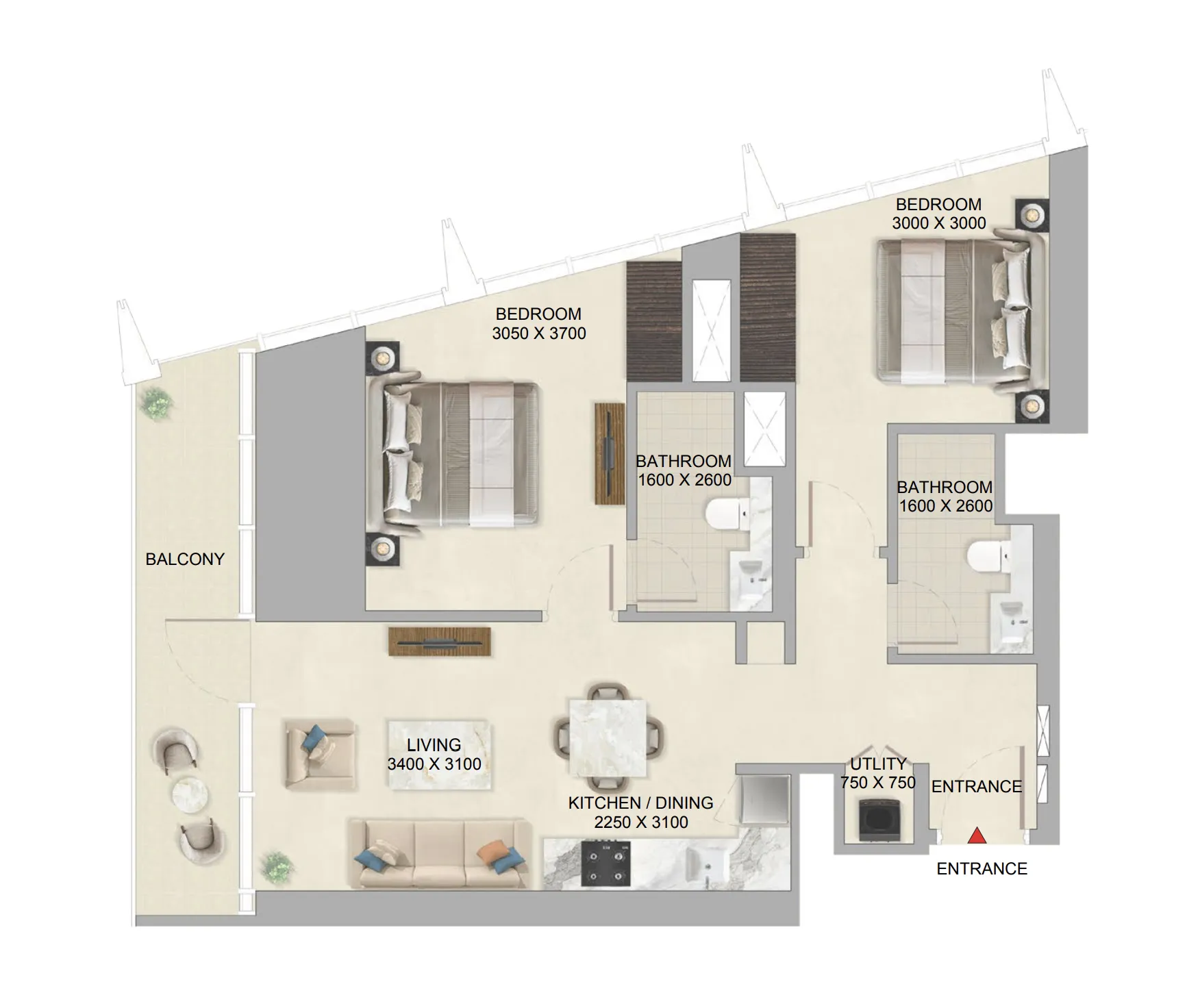 The Mirage at Sobha Central 2 bed floor plan, 897 – 898 sqft