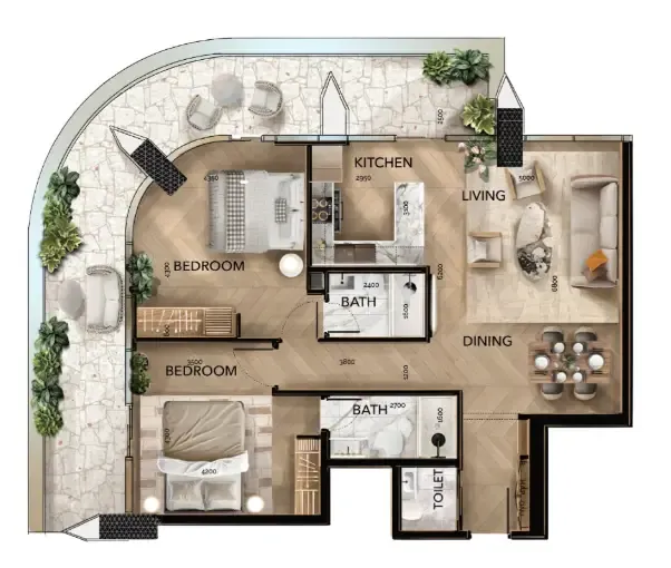 Radiant Bridges 2 bed floor plan, 1,612 sqft