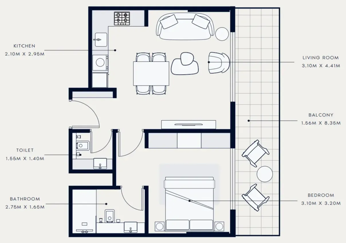 Azizi Venice 1 bed floor plan, 689 sqft