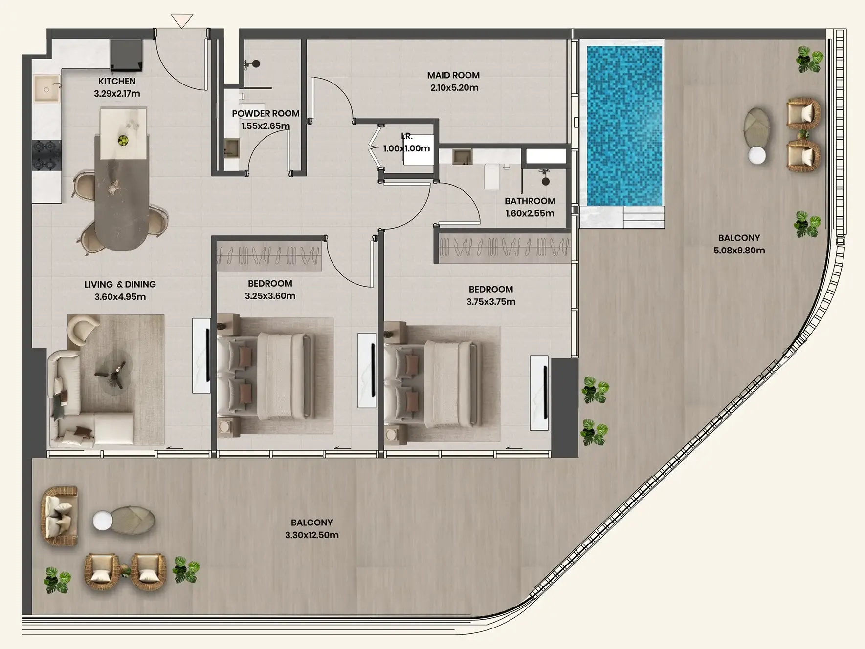 Divine Al Barari 2 bed floor plan, 1,799 sqft