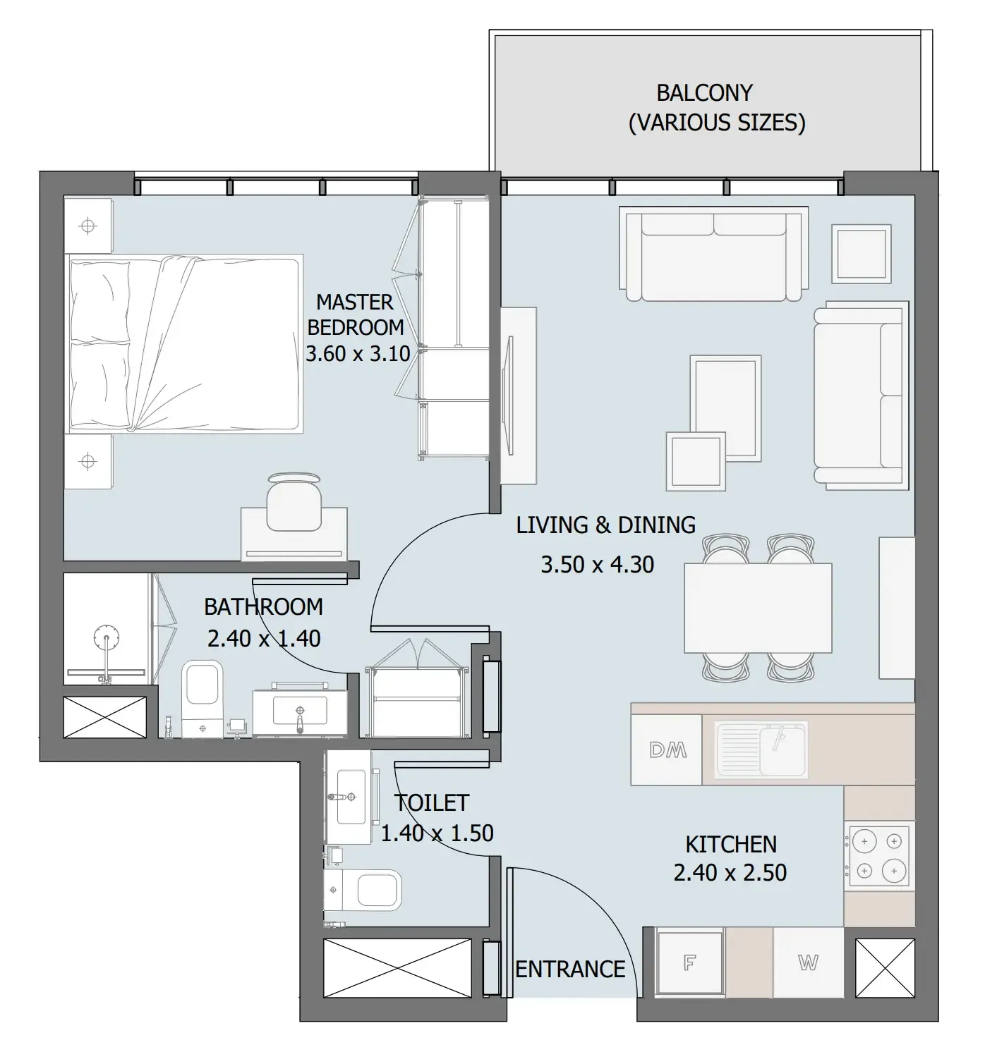 Verdana III 1 bed floor plan, 541 – 590 sqft