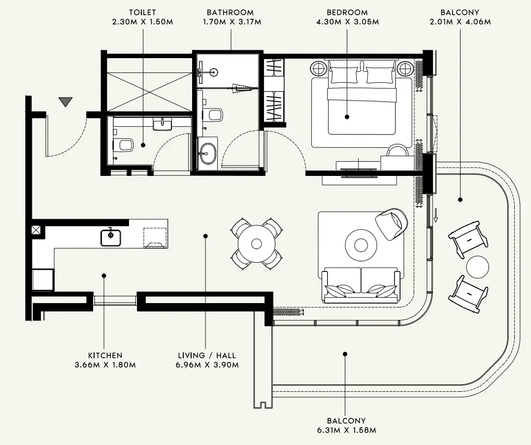 Azizi Venice 1 bed floor plan, 928 sqft