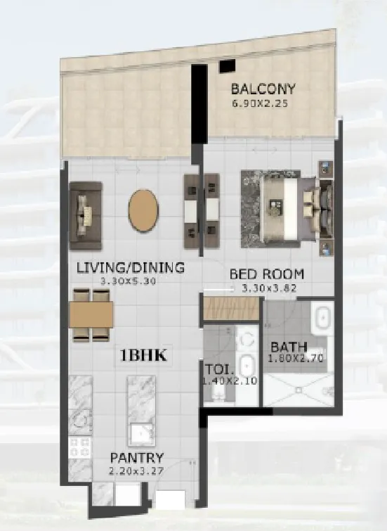 48 Parkside 1 bed floor plan, 890 sqft