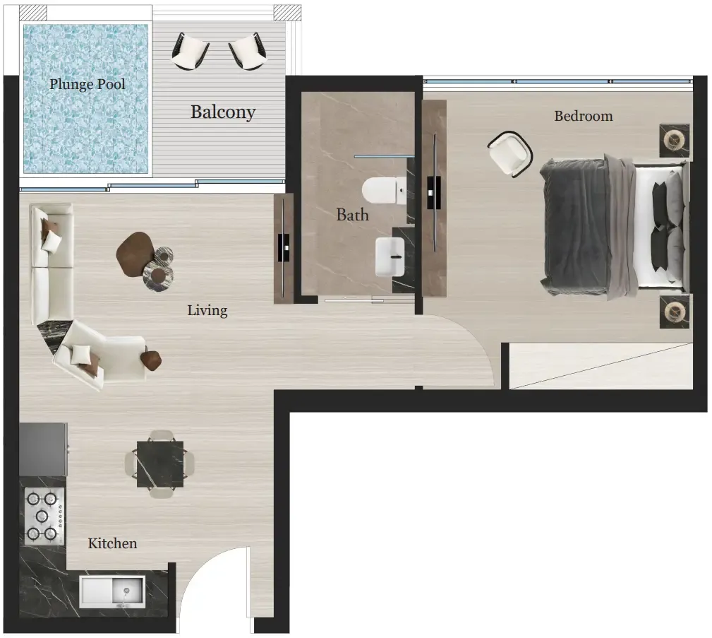 Rijas Suites 1 bed floor plan, 543 sqft