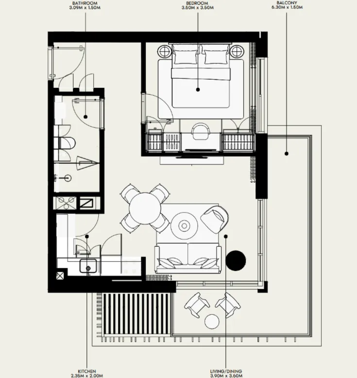 Azizi Venice 1 bed floor plan, 725 sqft
