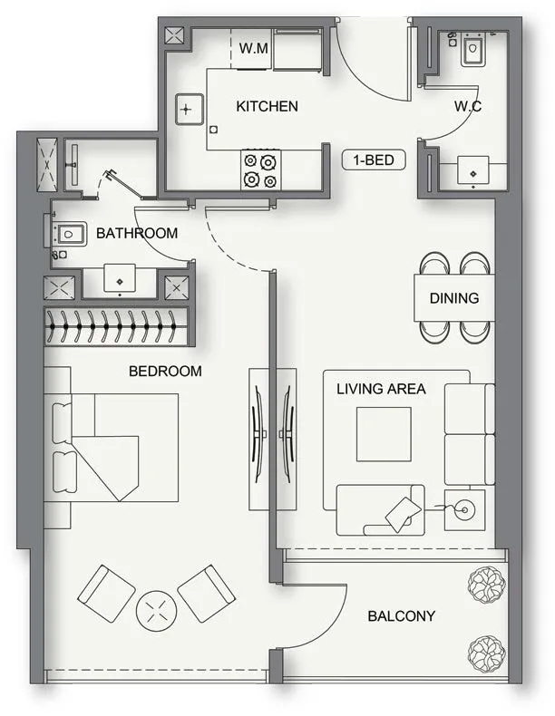 Binghatti Cullinan 1 bed floor plan, 702 – 704 sqft