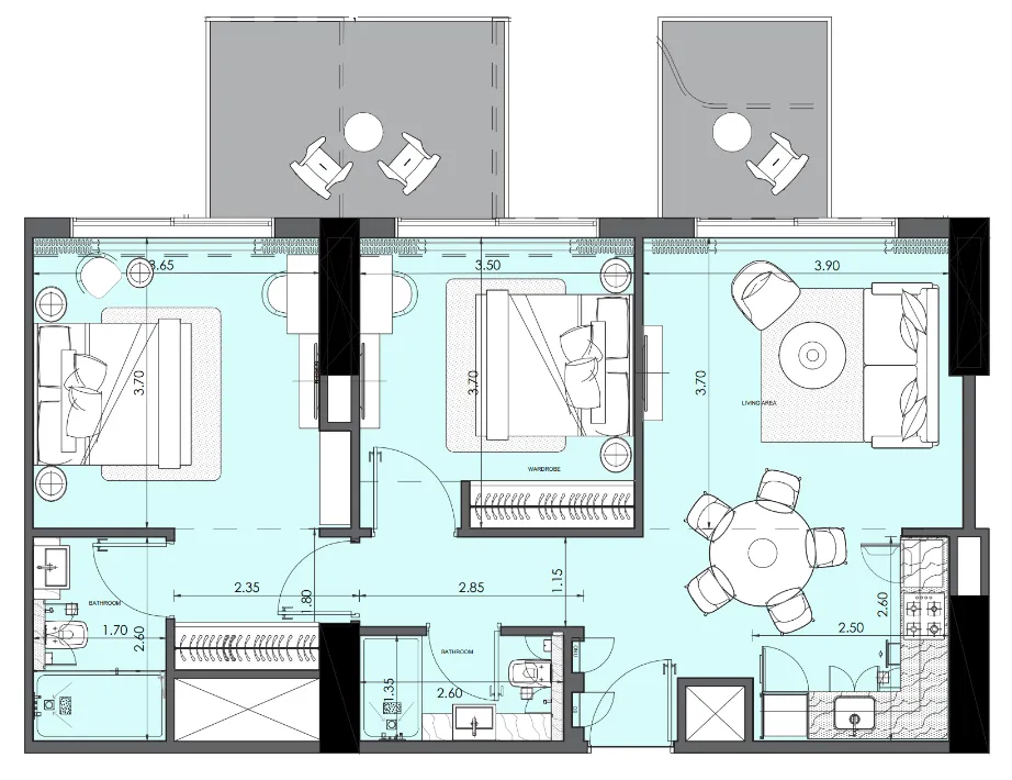 Azizi Wasel 2 bed floor plan, 966 sqft