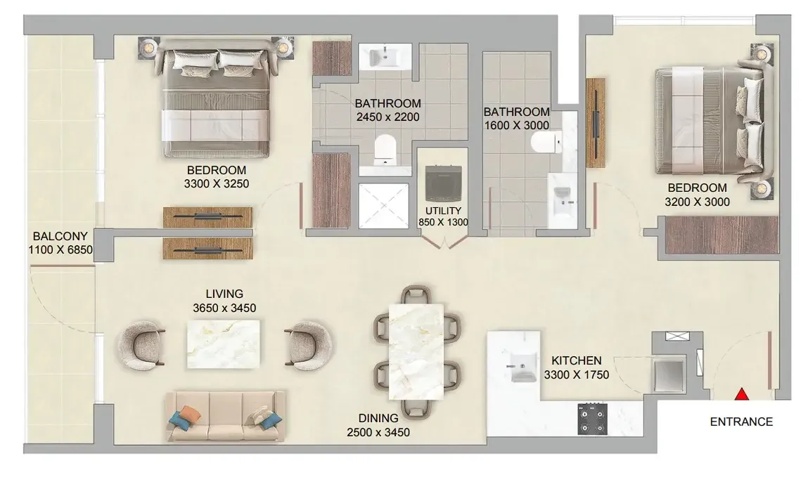 The Woods at Sobha Sanctuary 2 bed floor plan, 964 sqft
